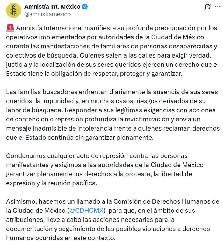 Amnistía Internacional condena actos de represión contra madres buscadoras