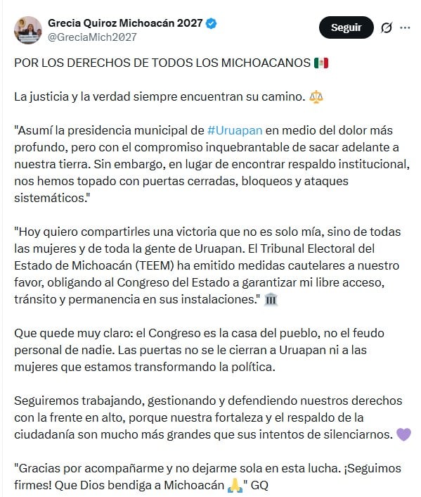 Tribunal ordena al Congreso de Michoacán permitir acceso a Grecia Quiroz
