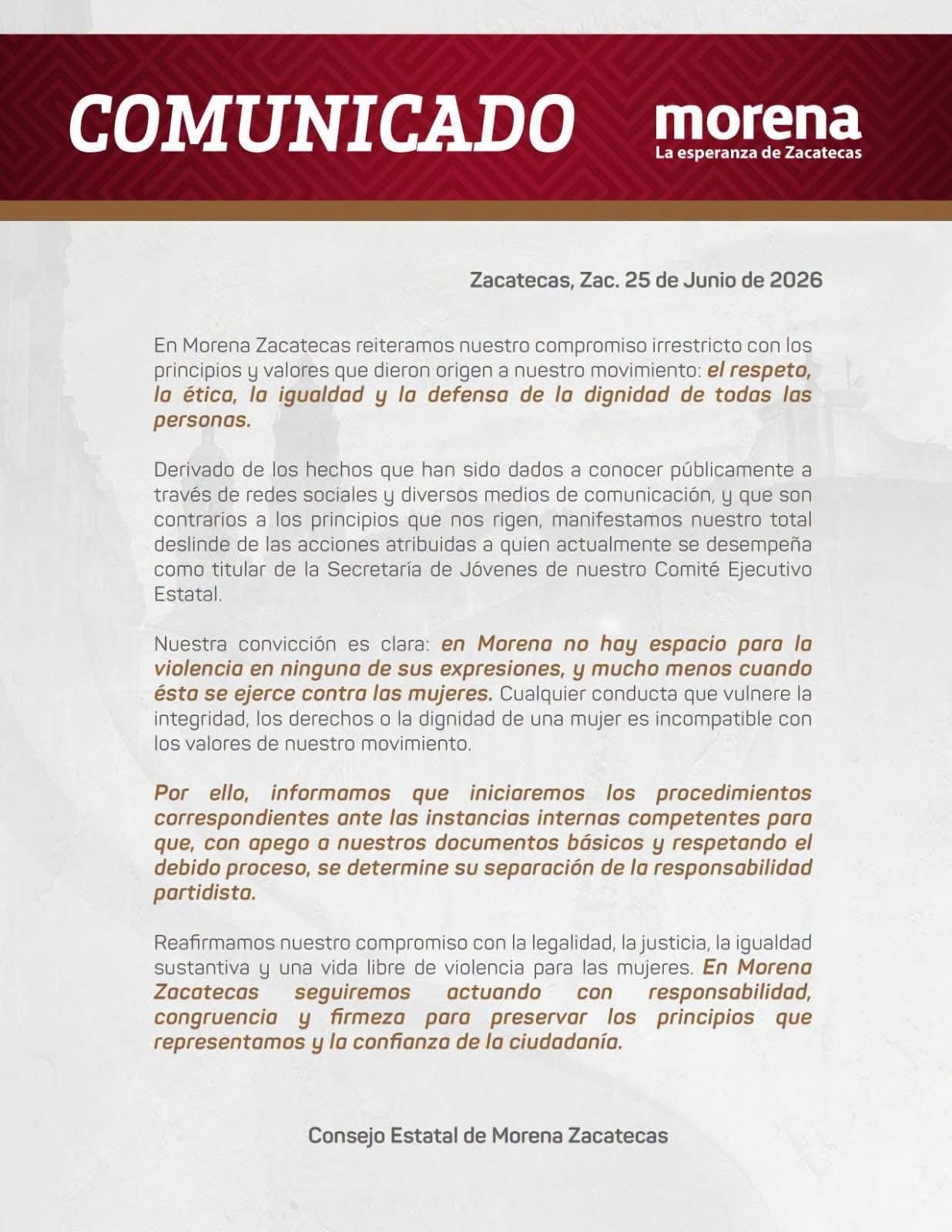 Morena se deslinda de Jaime Castillo, secretario de Jóvenes en Zacatecas, por golpear a una mujer