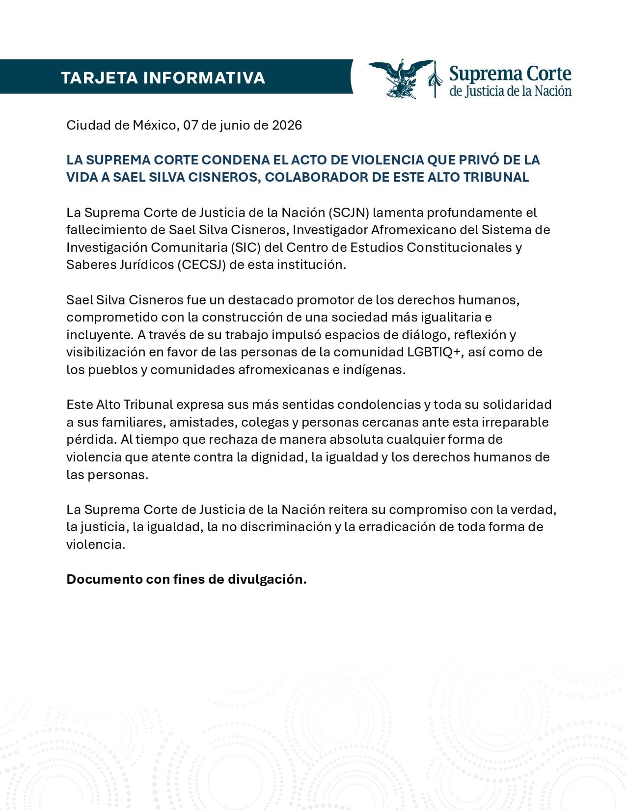 jkfd4r3hcvhjlajzowvj7vcfmi Comunicado de la SCJN sobre el asesinato del investigador Sael Silva.