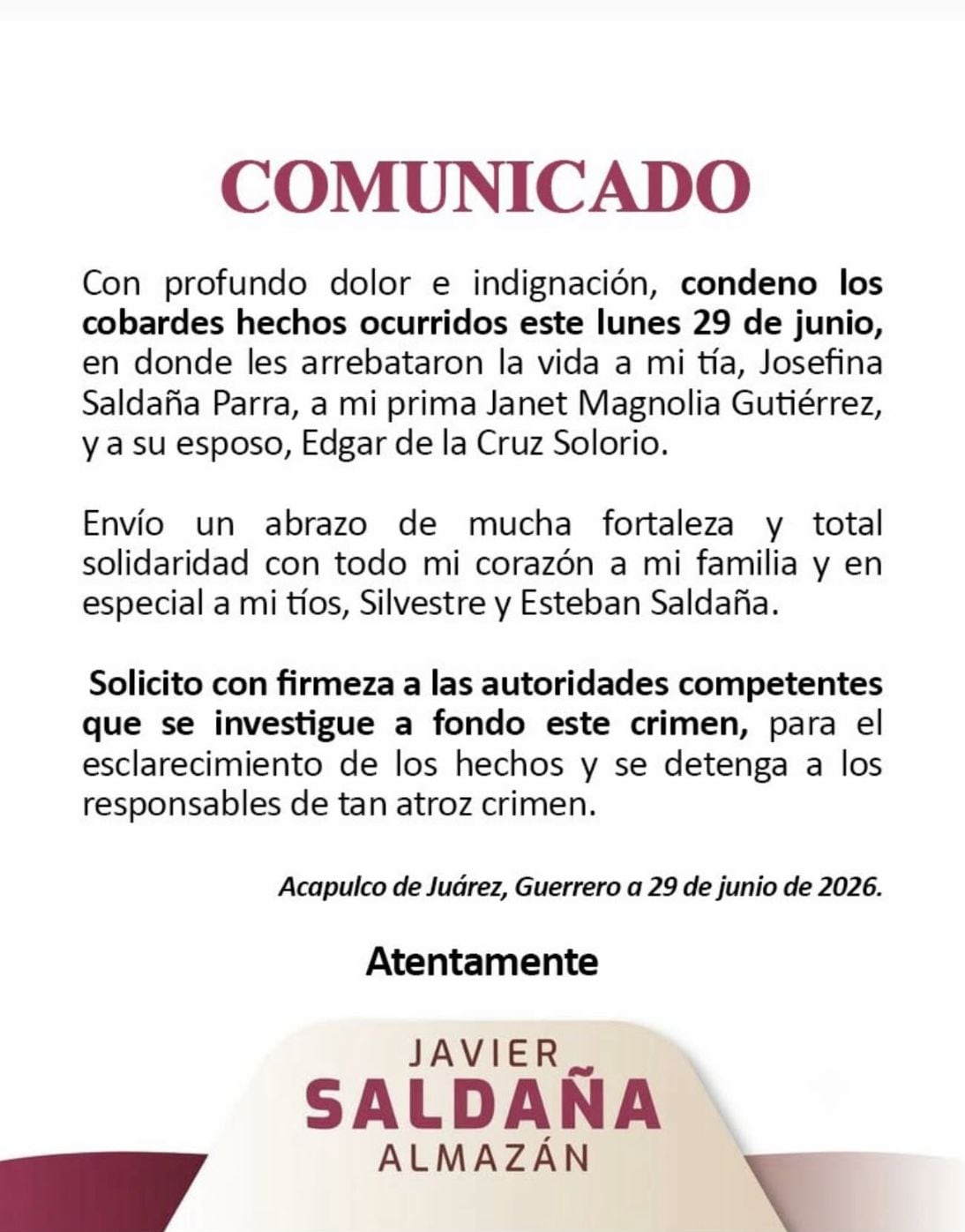 Javier Saldaña rompe el silencio tras el asesinato de tres familiares