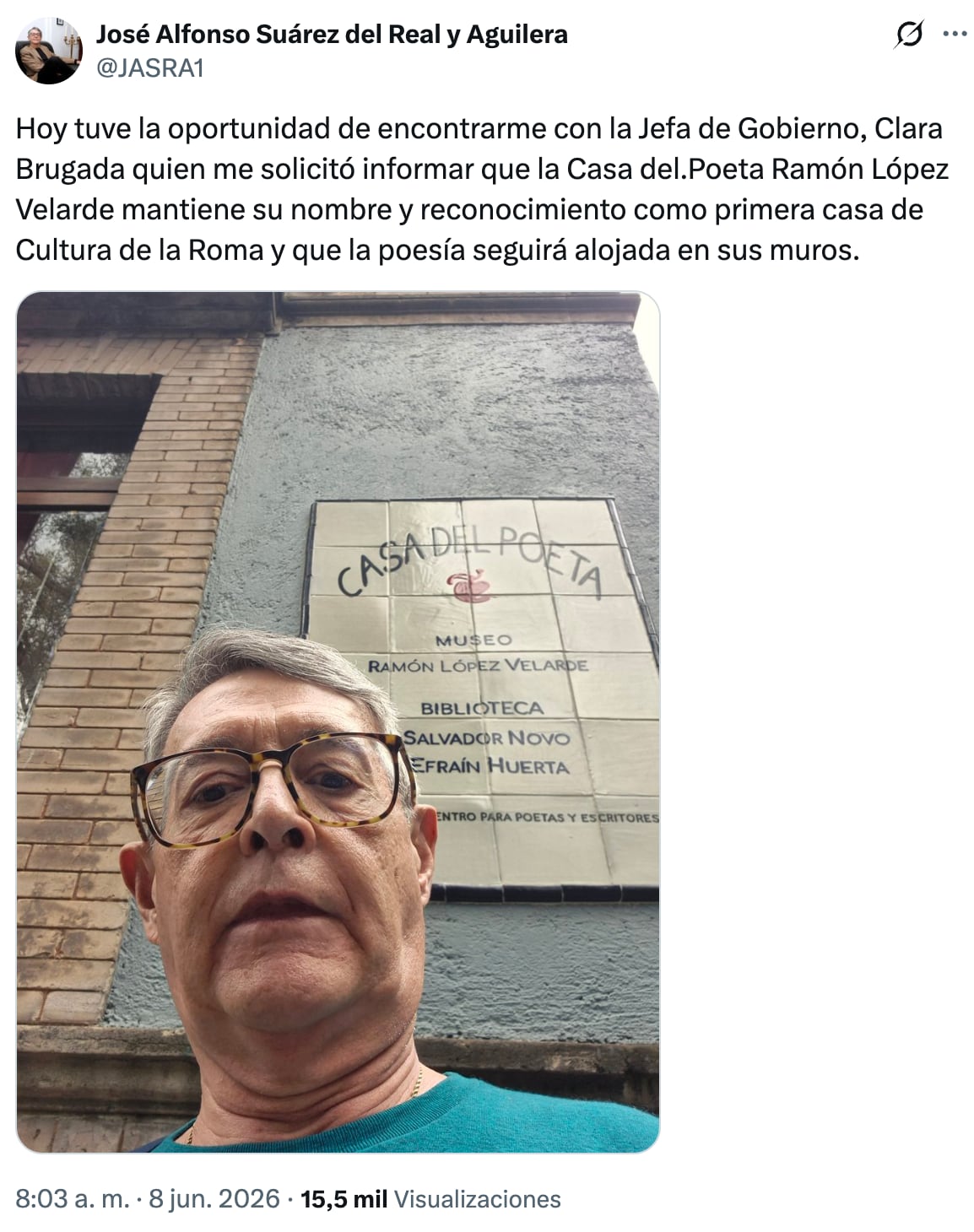 José Alfonso Suárez del Real y Aguilera confirma que Clara Brugada mantendrá el nombre de la Casa del Poeta Ramón López Velarde