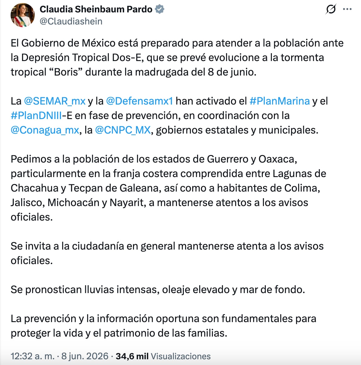 lp657hcthzf6bofx6pvzrtpsvq Claudia Sheinbaum anuncia la activación del Plan Marina y DN-III-E por la Tormenta tropical Boris