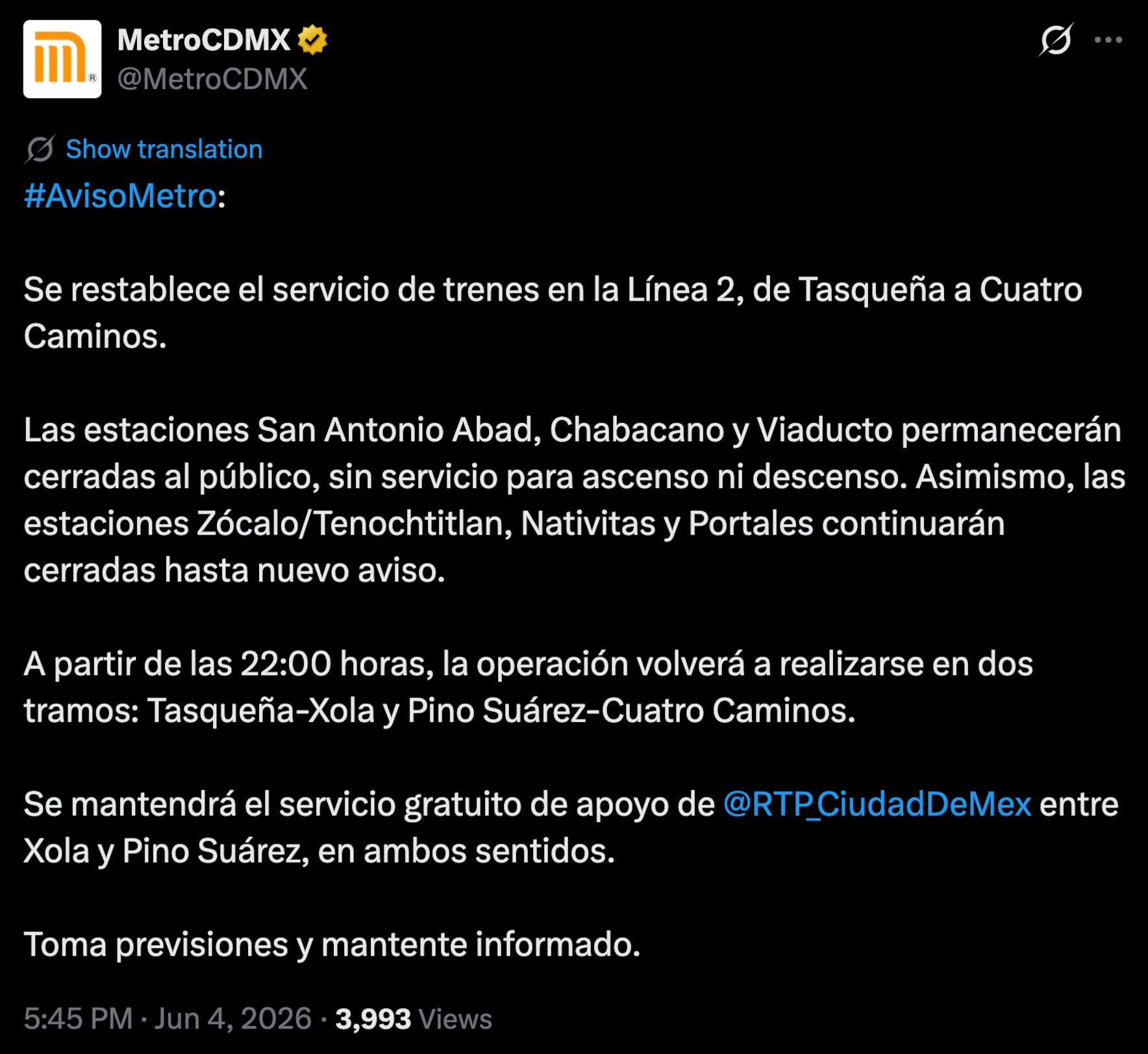 lvy5ow3eyrcmze7ap7nagarnme Servicio del Metro CDMX nuevamente opera de Tasqueña a Cuatro Caminos, pero 6 estaciones siguen cerradas