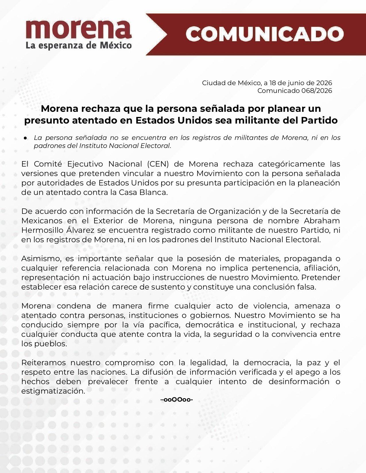 Morena rechaza militancia de mexicano acusado de ataque en la Casa Blanca