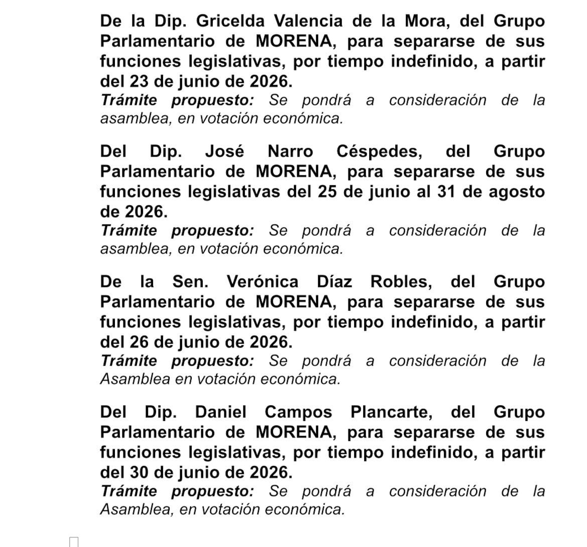 Crece la lista: 10 legisladores de Morena pedirán licencia rumbo a 2027
