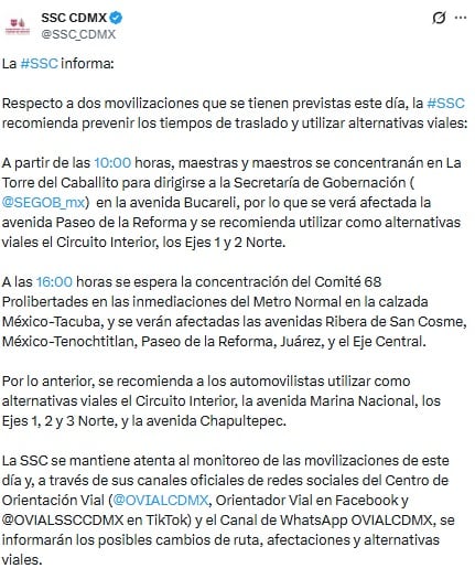 olvszkv5p5h2np4lowcm7plpgq SSC informa de las movilizaciones de la CNTE y el Comité 68 en la CDMX.