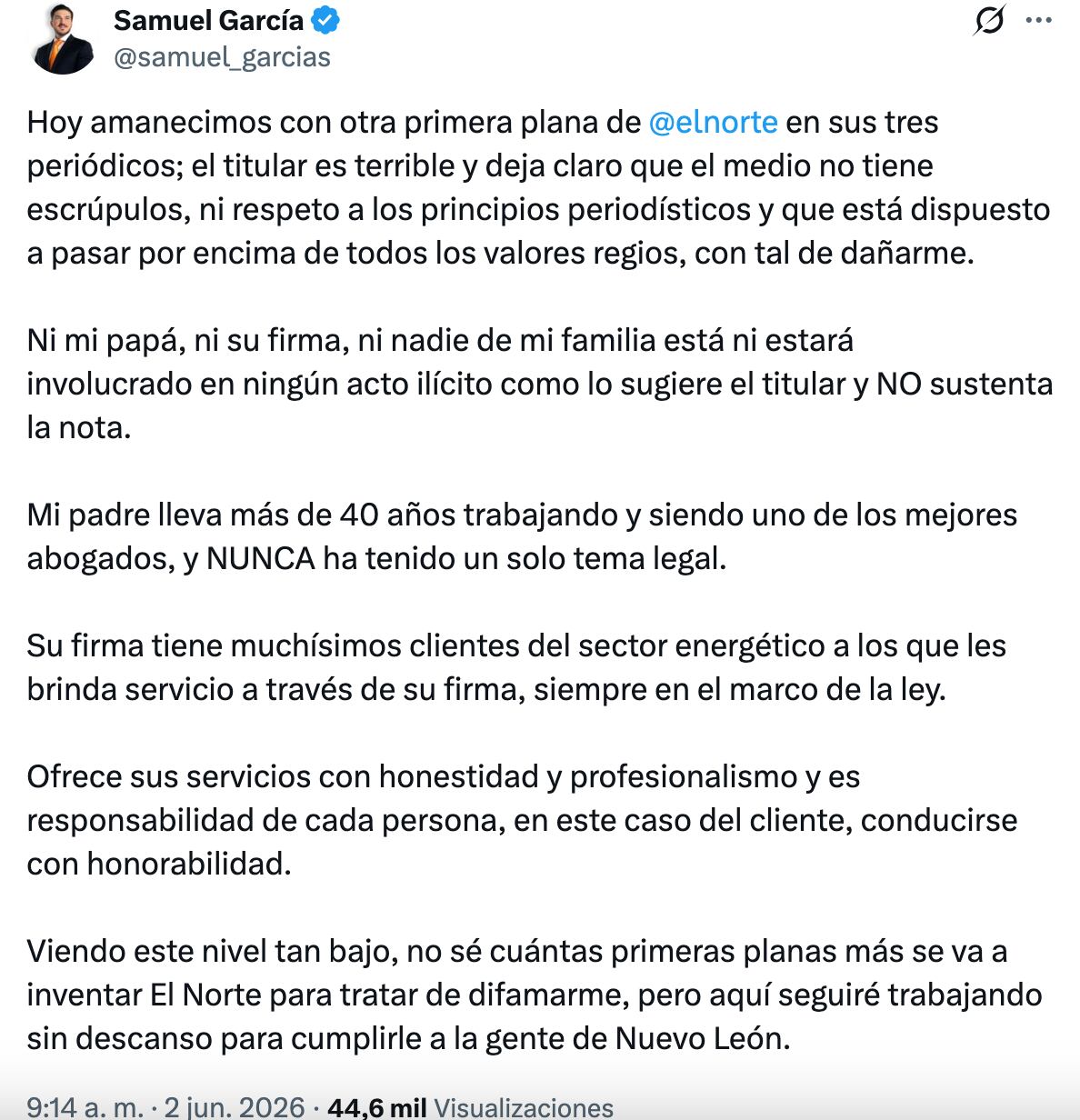 pfbujjk3l5cmvdbxe2gauqoenm Samuel García acusa a el periódico El Norte de difamación contra su padre