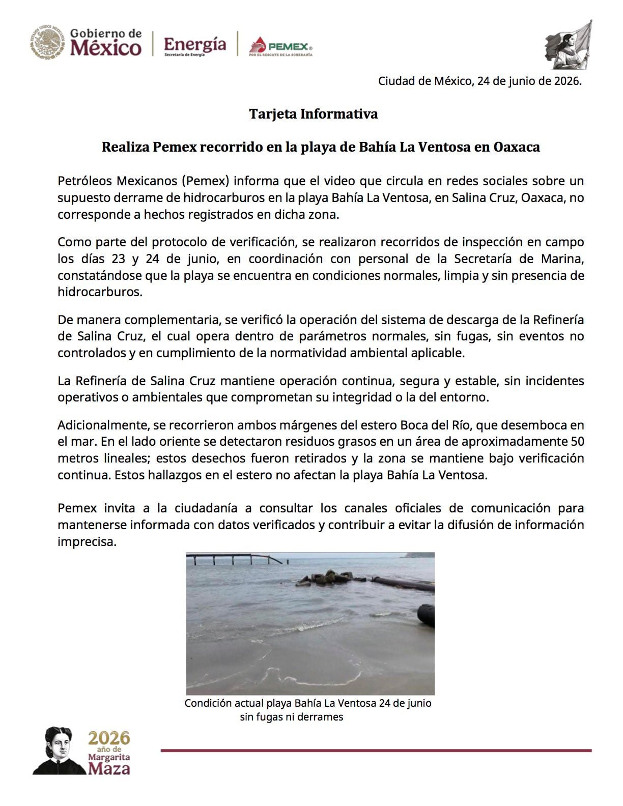 Pemex rechaza daño ambiental ante presunto derrame de hidrocarburos en Bahía La Ventosa
