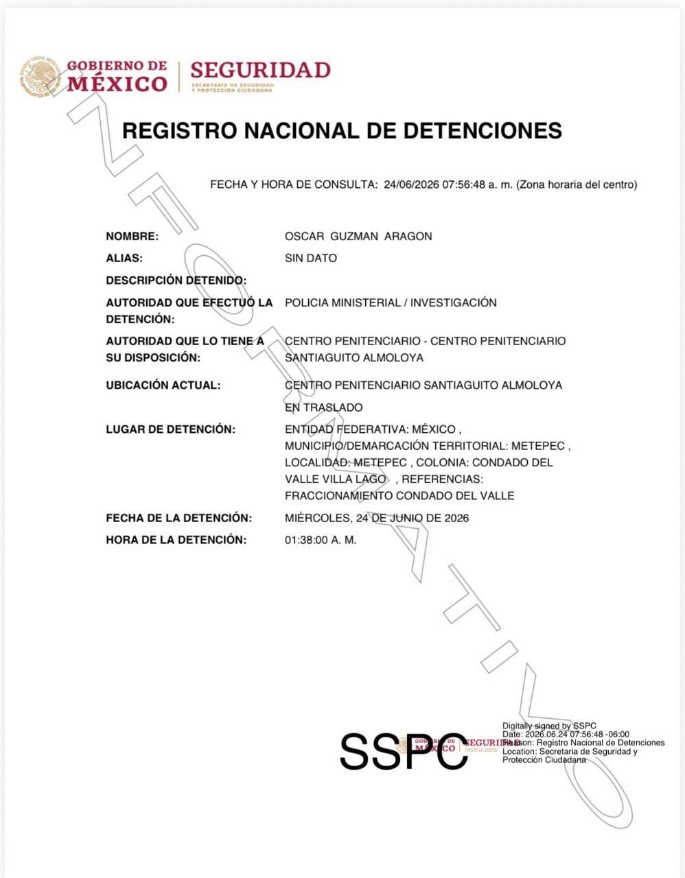 Estado de detención de Óscar Guzmán según el Registro Nacional de Detenciones