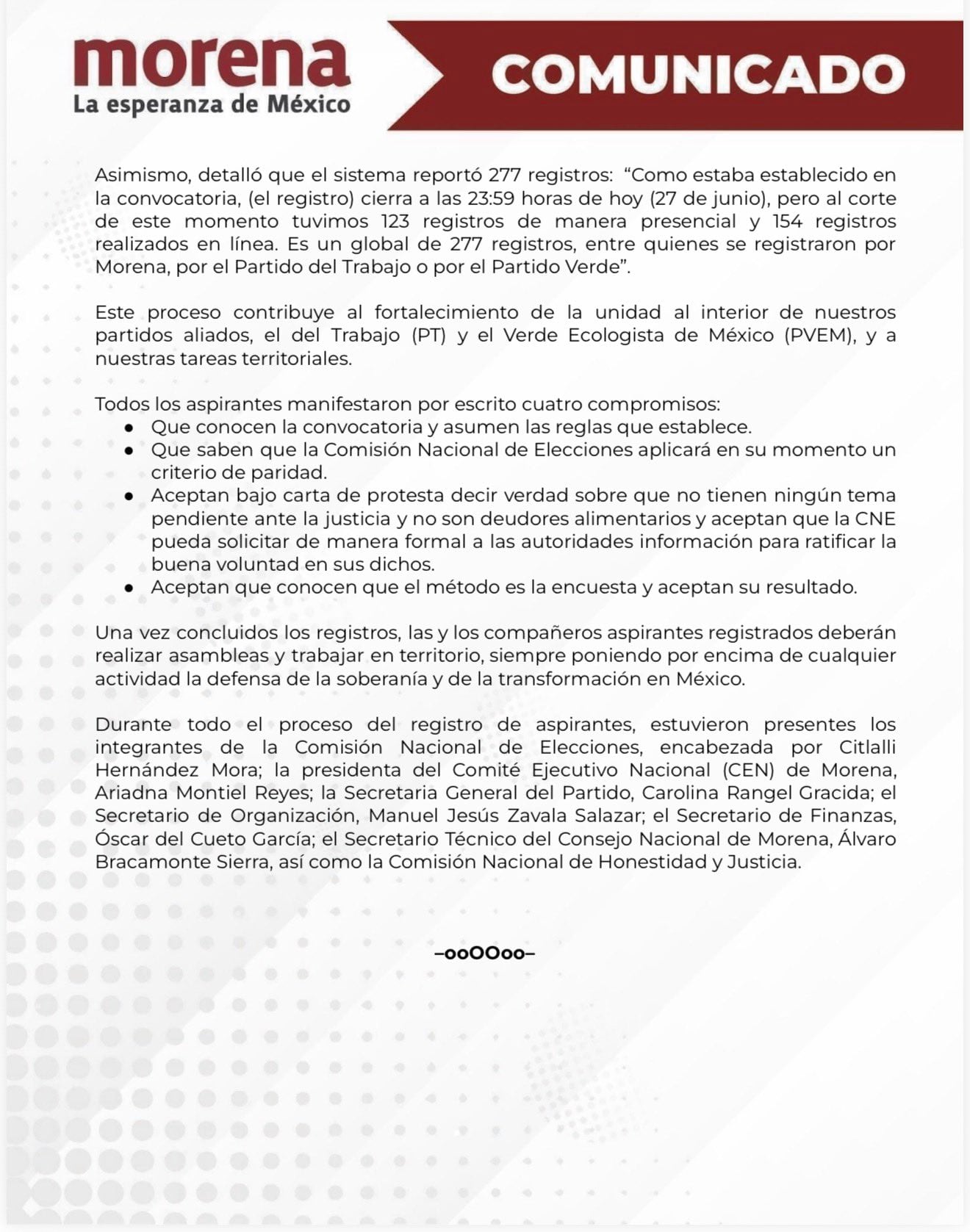 Morena revela en un comunicado de prensa que el registro estatal de la Transformación ha concluido