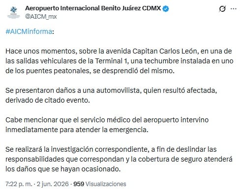 uw74t2drqvaanal3pqp63bzgxu Puente peatonal colapsa en Terminal 1 del AICM; una conductora afectada