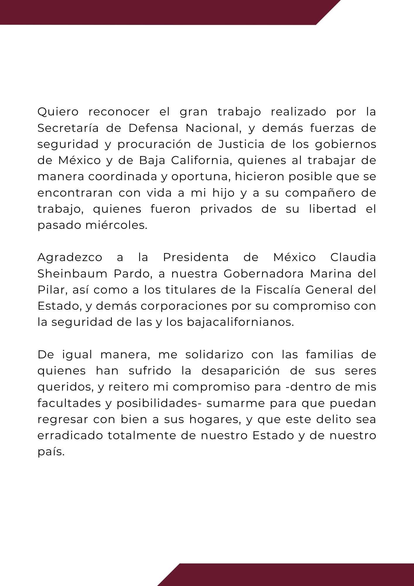 Comunicado de Rocío López Gorosave tras localizar con vida a su hijo Erik Zertuche López