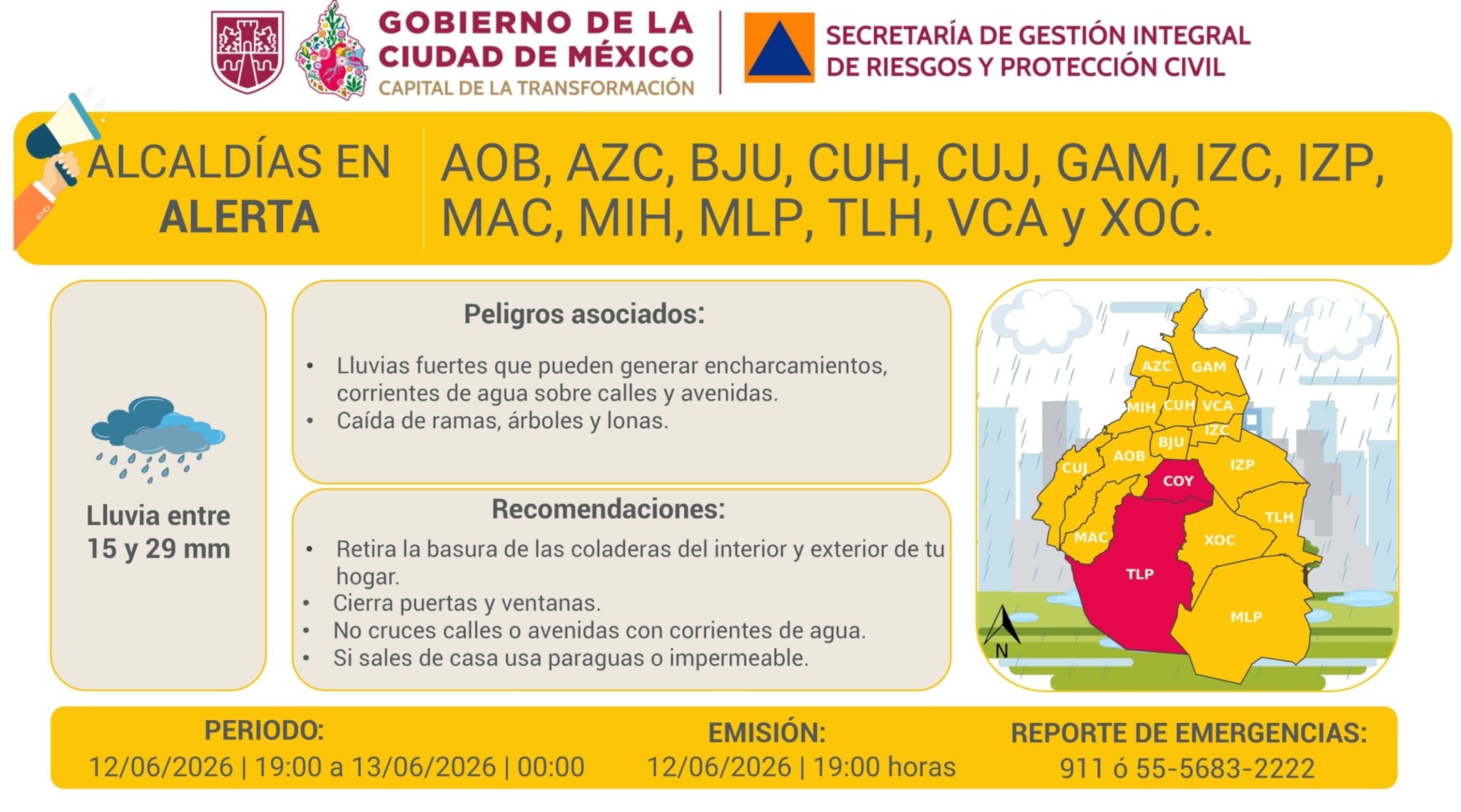 Protección Civil activa alerta por lluvias y granizo en CDMX