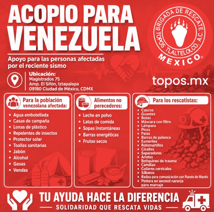 Topos México recolecta ayuda humanitaria para Venezuela