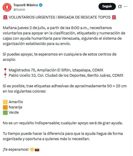 Topos México busca voluntarios para la clasificación de donativos para Venezuela.