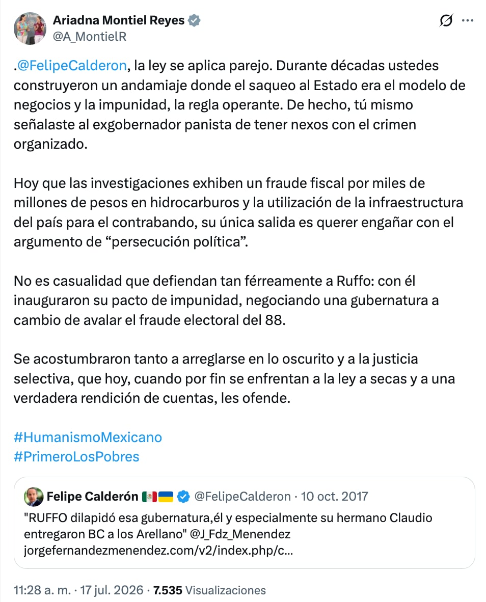 Respuesta de Ariadna Montiel a Calderón por el caso Ruffo