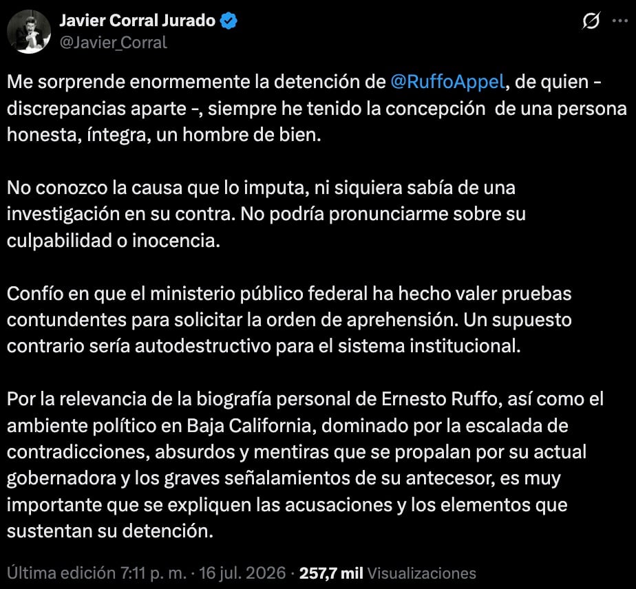 Javier Corral se pronuncia sobre detención de Ernesto Ruffo
