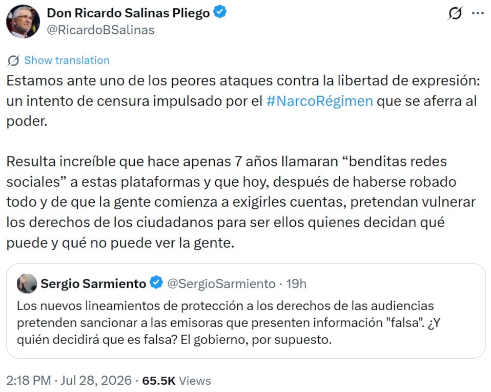 Salinas Pliego acusa censura en los nuevos lineamientos para los derechos de las audiencias