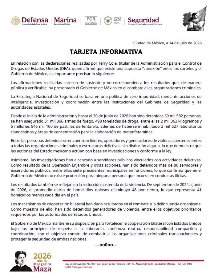 Gabinete de Seguridad contesta a Terrance Cole, jefe de la DEA en Estados Unidos