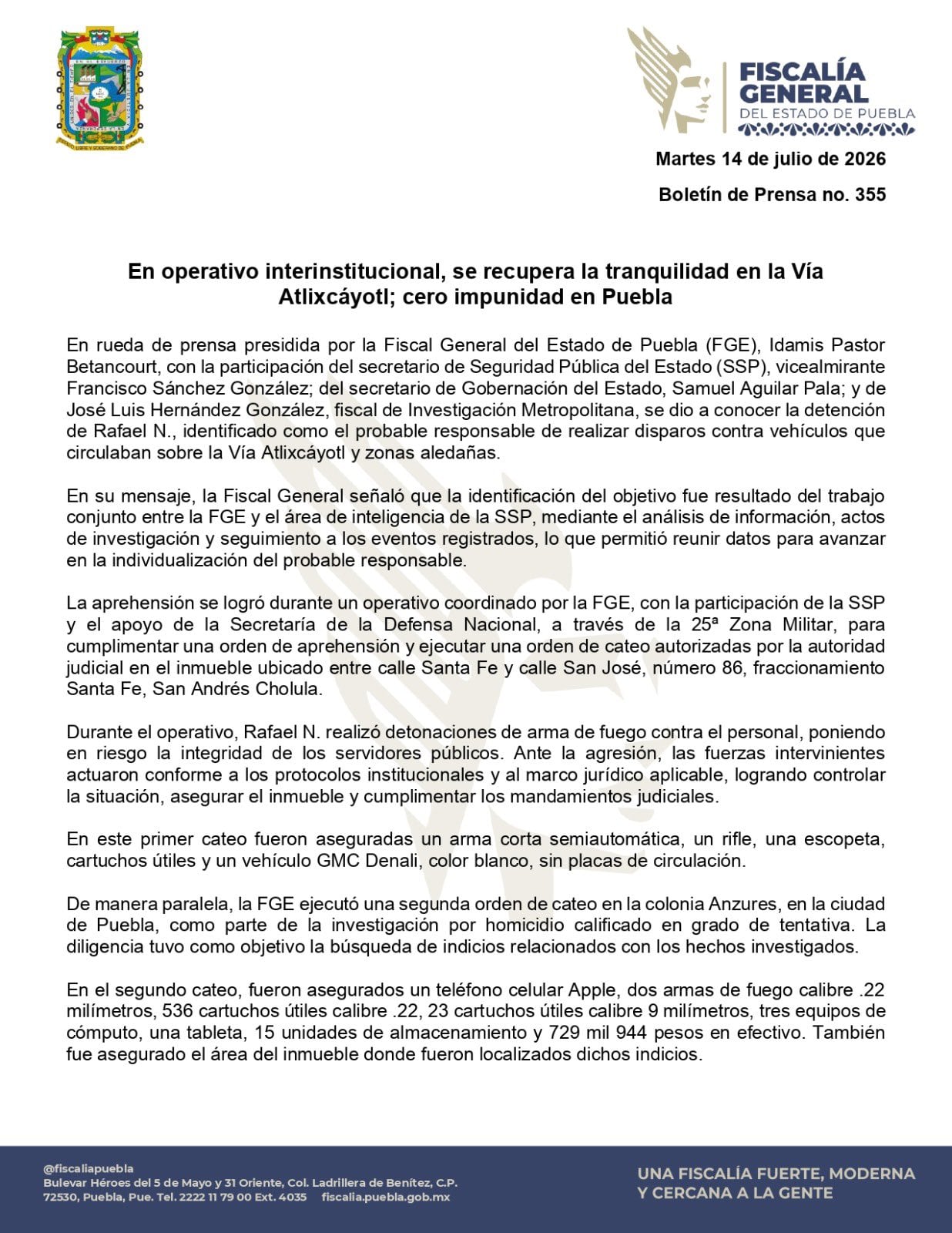 Detienen a presunto tirador de la vía Atlixcáyotl