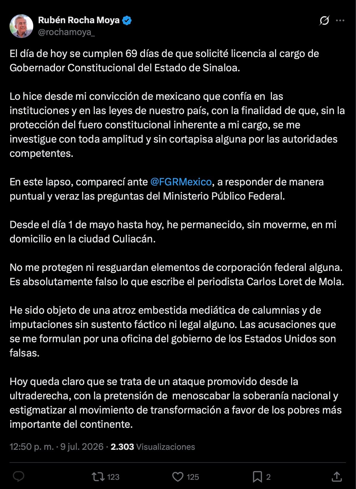 Rocha Moya desmiente a Loret de Mola y niega protección de agentes federales en su casa