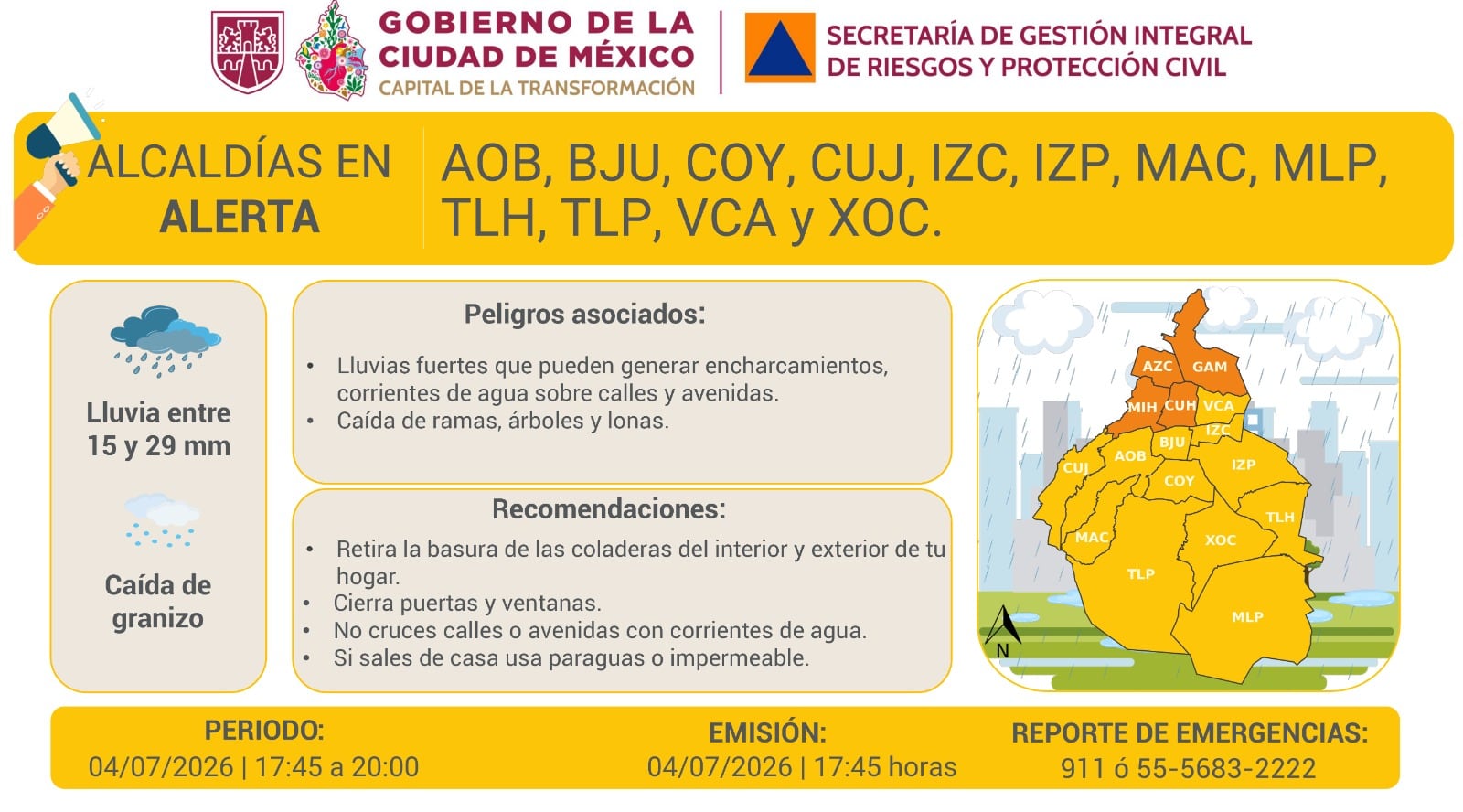 Activan alerta en la CDMX por lluvias fuertes y posible caída de granizo para las 16 alcaldías
