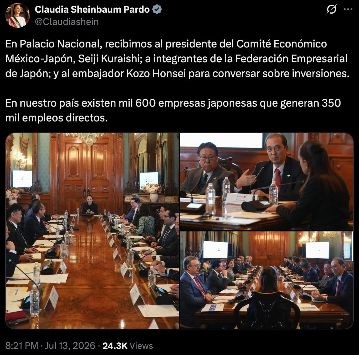 Sheinbaum recibe a Seiji Kuraishi y Kozo Honsei en Palacio Nacional