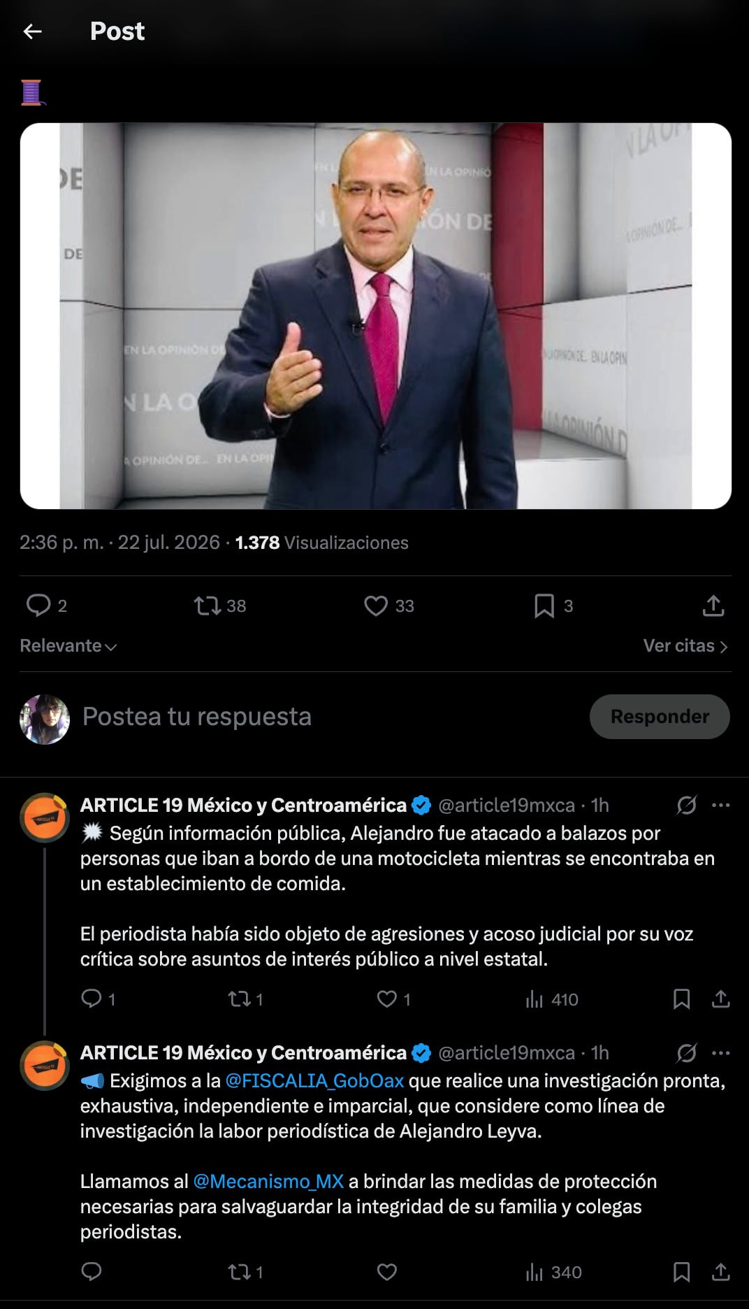 Artículo 19 condena el asesinato de Francisco Alejandro Leyva