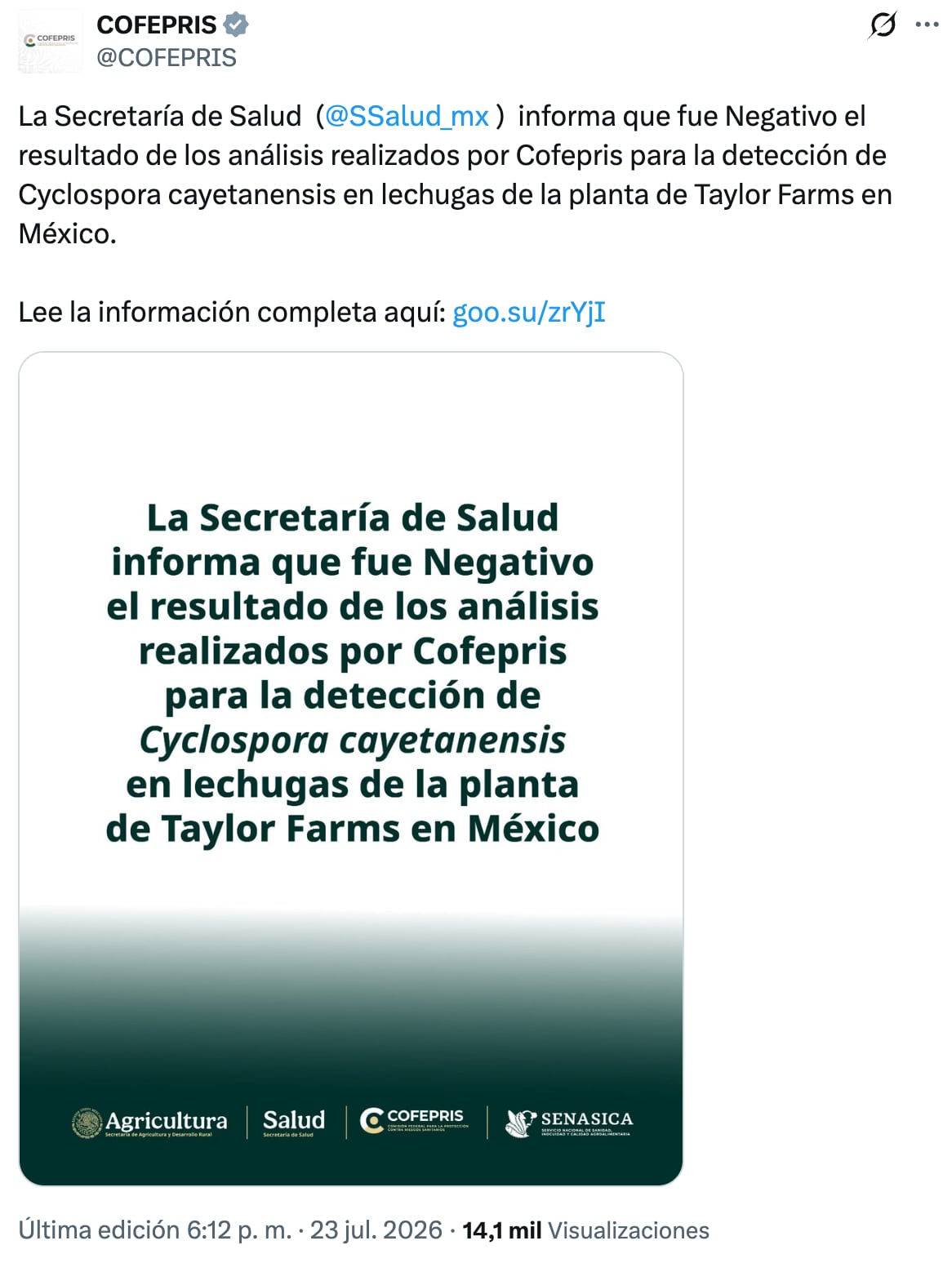 5wocanqckfc4xkbdnoaei6kqqi Análisis de COFEPRIS da negativo a Cyclospora en Taylor Farms México