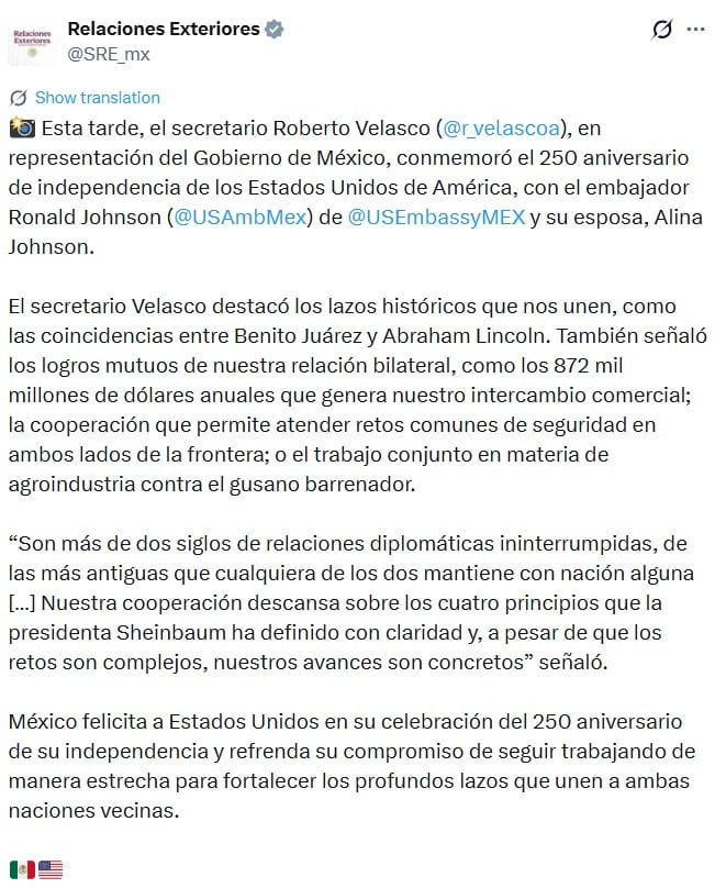 5ztucvrqybch5j5izdx6ifnqs4 Velasco destaca los lazos históricos entre México y Estados Unidos en el aniversario 250 de la Independencia