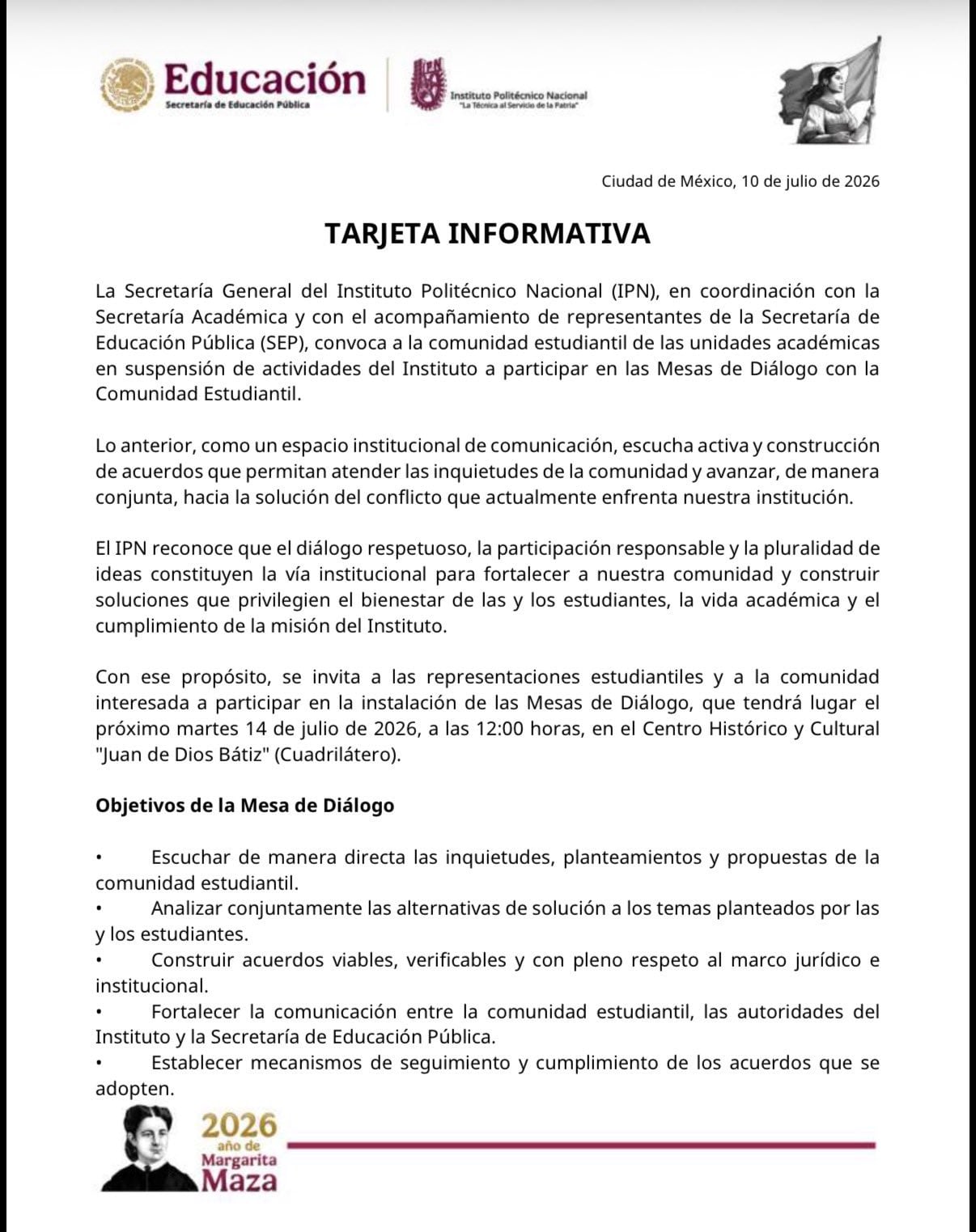 IPN convoca a mesas de diálogo