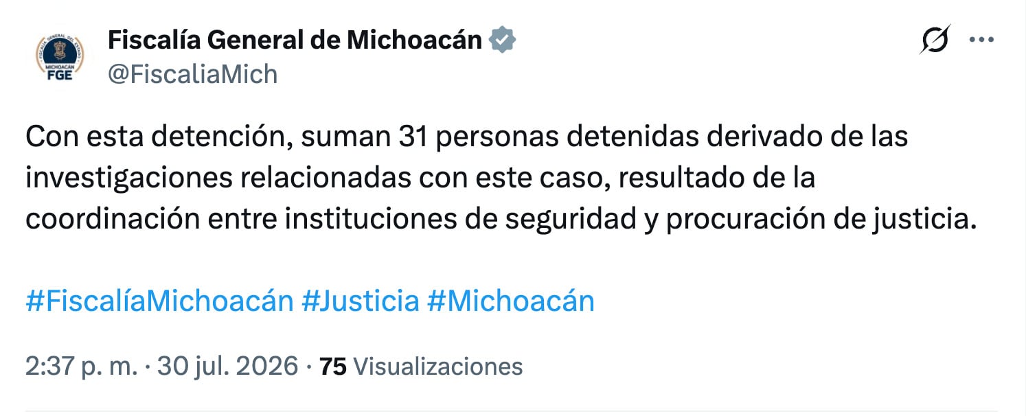 6nwpiyq4jzdnhcwz7puthefdmy Fiscalía de Michoacán contabiliza 31 detenidos por caso Carlos Manzo