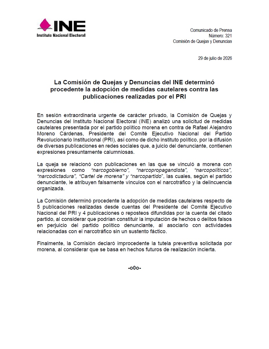 INE sanciona al PRI por presuntas calumnias contra Morena