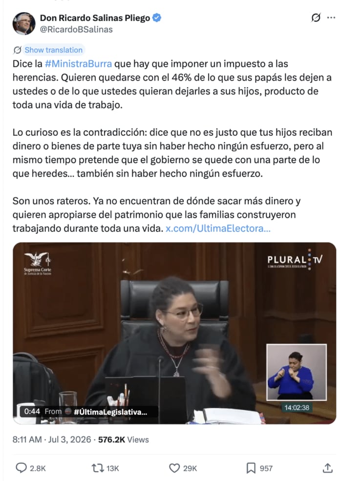 Ricardo Salinas Pliego critica propuesta de Lenia Batres