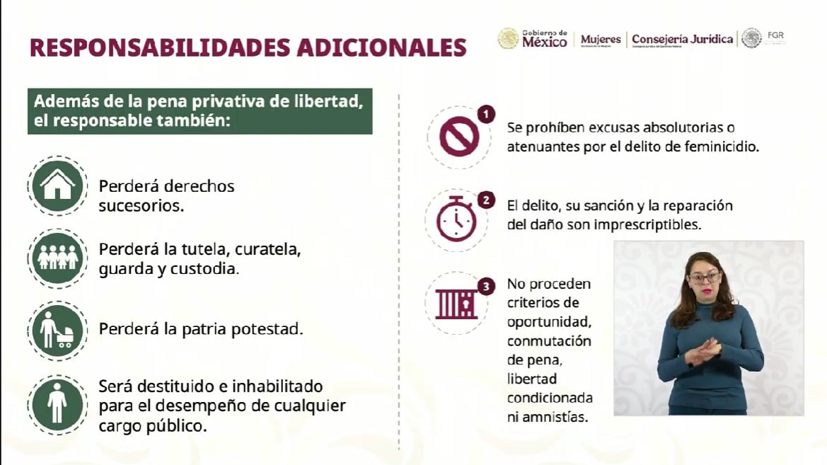 Luisa María Alcalde Luján, consejera jurídica del Ejecutivo Federal,  la conferencia donde se presentó y firmó la Ley General para sancionar y reparar el daño por feminicidio