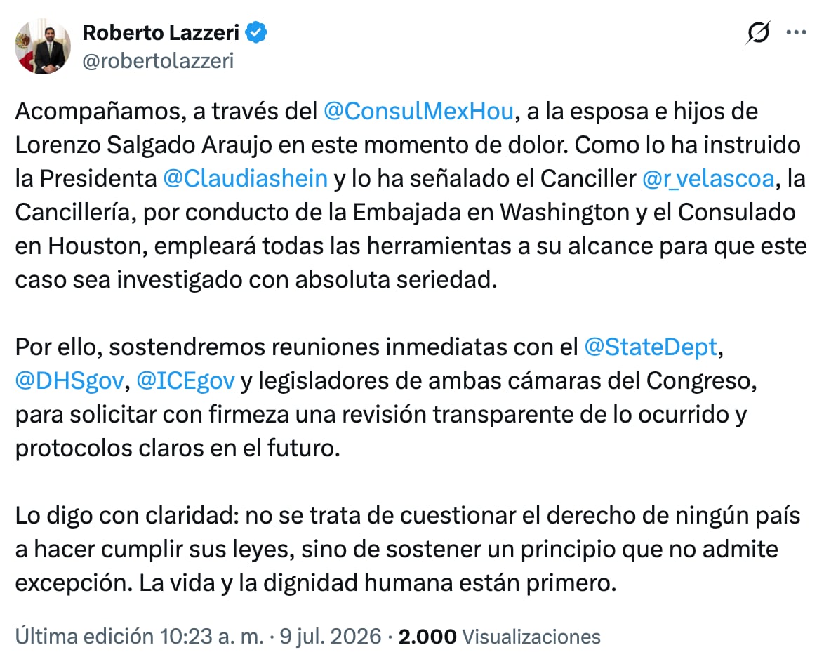 Roberto Lazzeri, embajador de México en Estados Unidos se solidariza con familia de Lorenzo Salgado