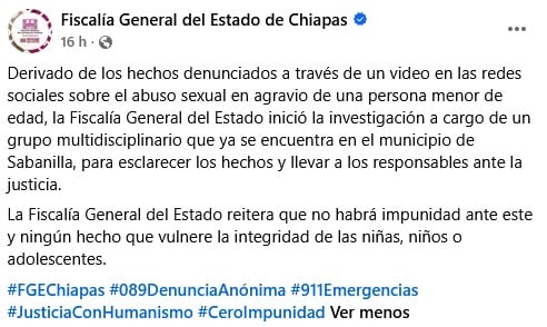 FGE de Chiapas se pronuncia sobre el video de abuso sexual a un menor.