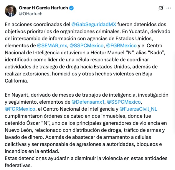 Harfuch informa detenciones