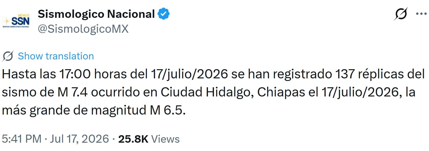 azrcftmksrfr3pac4sgkos2vru Van 137 réplicas tras el sismo en Chiapas; la más fuerte fue de magnitud 6.5