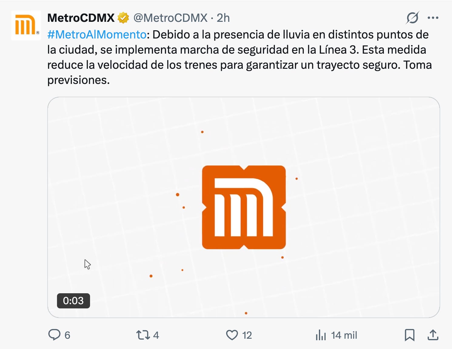Metro CDMX activa marcha de seguridad en Línea 3 por lluvias