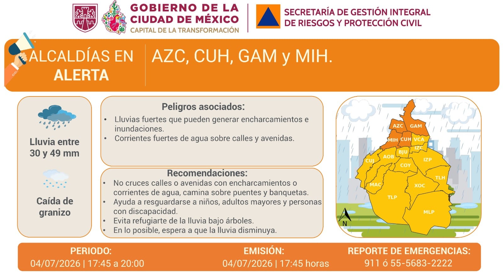 Activan alerta en la CDMX por lluvias fuertes y posible caída de granizo para las 16 alcaldías