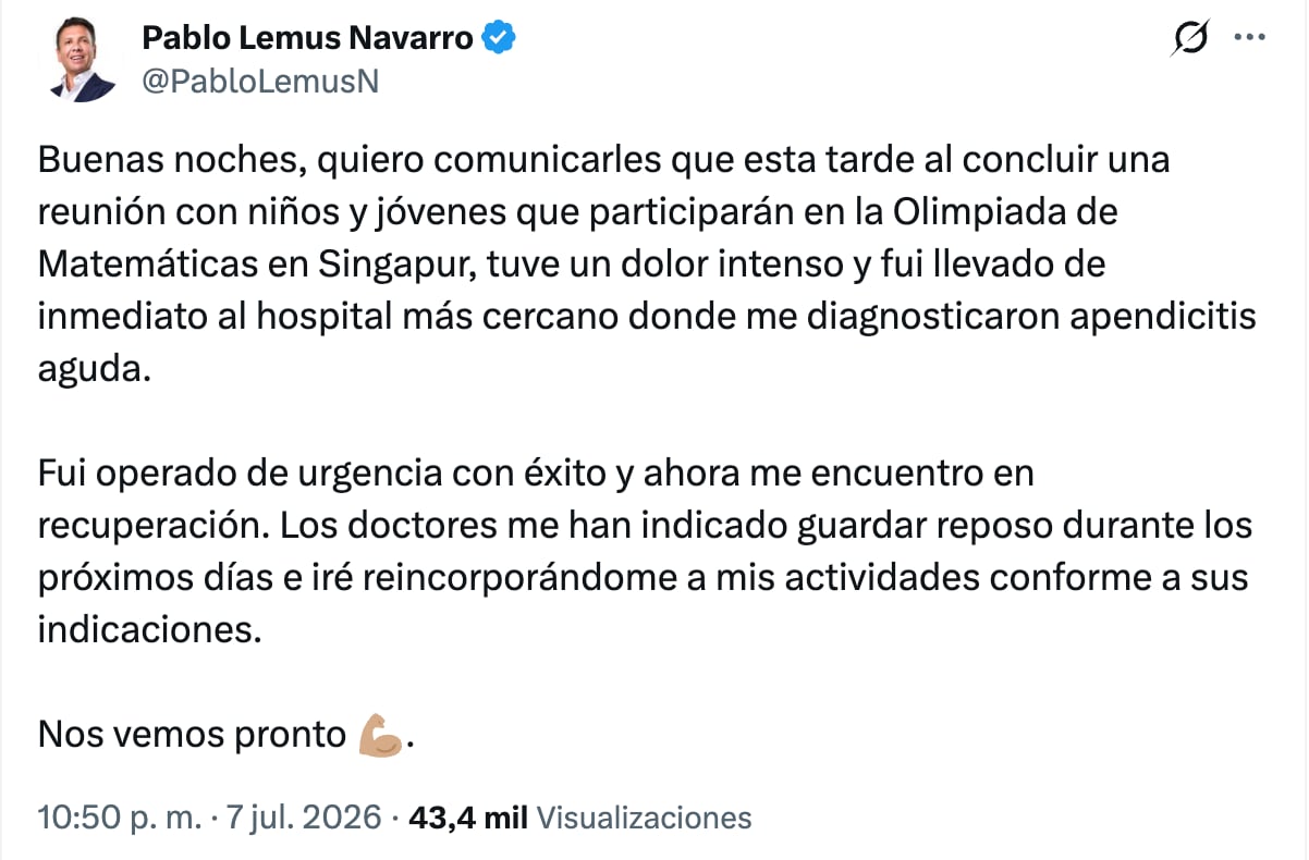 Pablo Lemus, gobernador Jalisco, fue operado de urgencia por apendicitis
