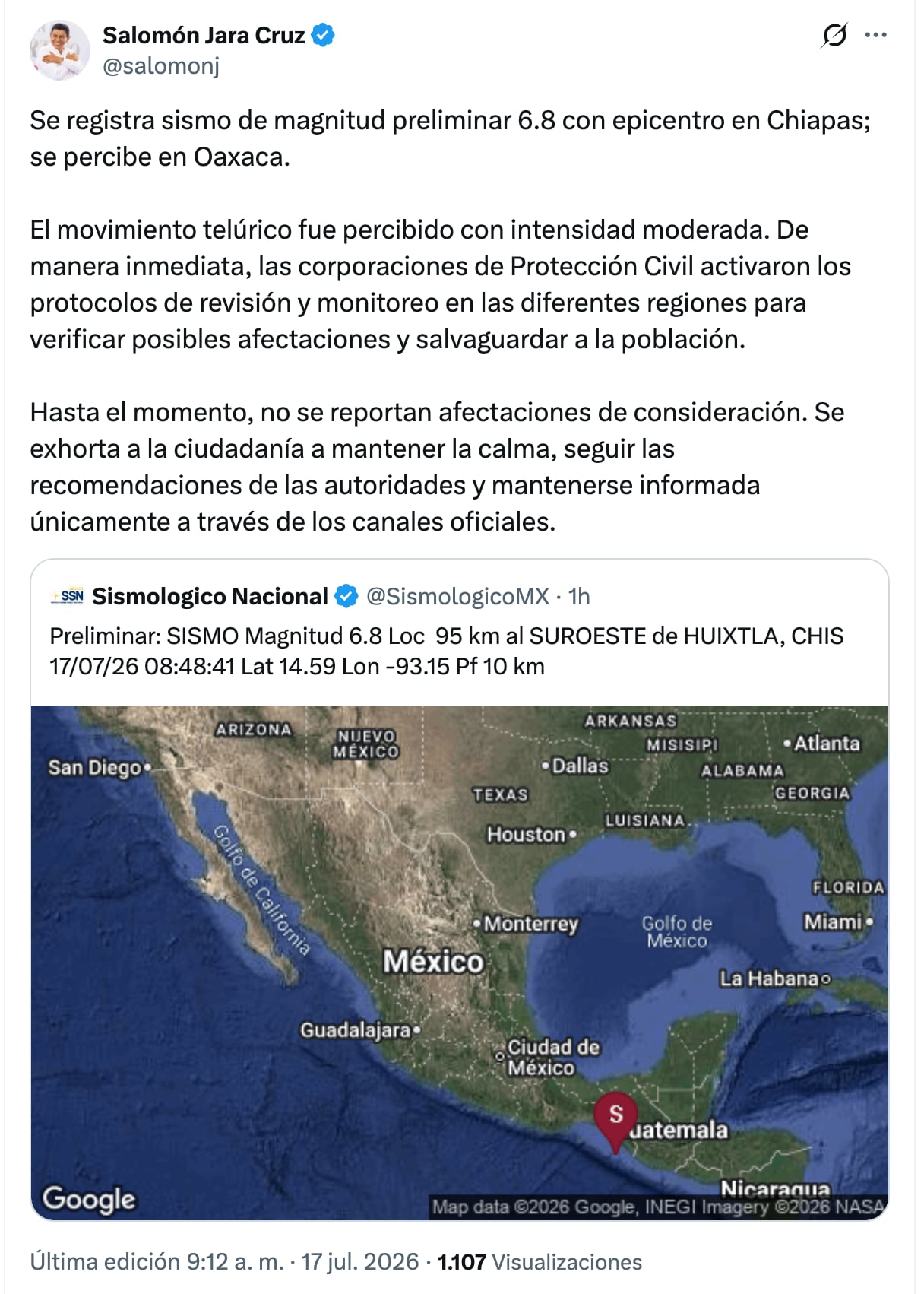 cjk56vkcp5hshebmcakz43sjea Salomón Jara, gobernador de Oaxaca, descarta afectaciones tras sismo registrado en Chiapas