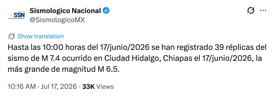 csxxepq5i5cqnglkwu3myxzcdi-1 39 replicas se han registrado tras el sismo magnitud 7.4 en Chiapas, informa SSN