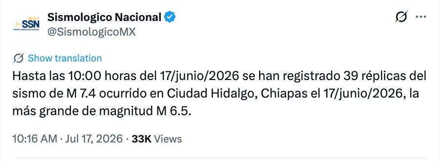 csxxepq5i5cqnglkwu3myxzcdi 39 replicas se han registrado tras el sismo magnitud 7.4 en Chiapas, informa SSN