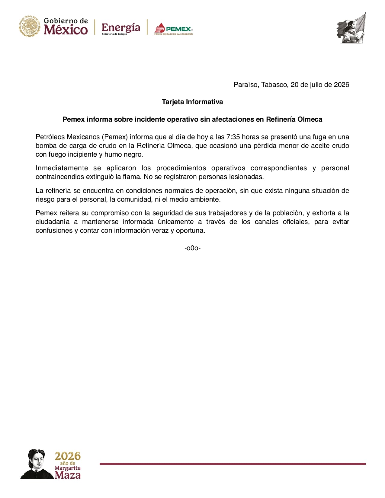 Pemex aclara el incendio en la refinería Dos Bocas.