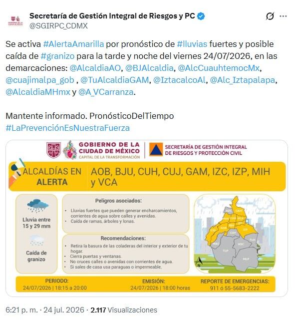 Alerta Amarilla en CDMX por lluvias y caída de granizo