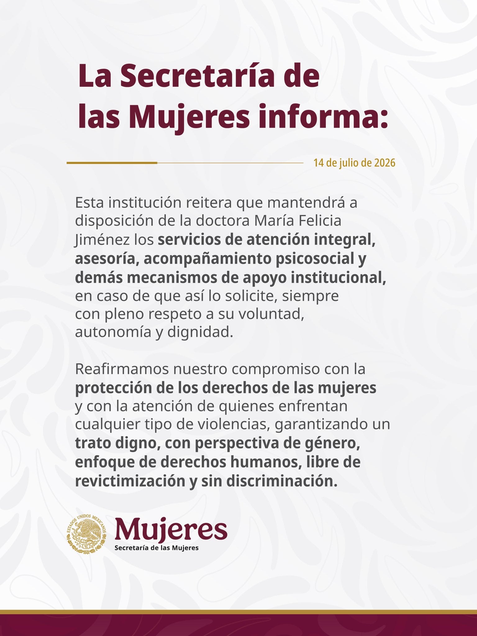 Secretaría de las Mujeres reconfirma apoyo a María Felicia Jiménez tras liberación de su agresor.