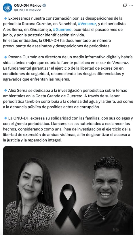 ONU exige esclarecer móvil de los asesinatos de Roxana Guzmán y Alex Serna